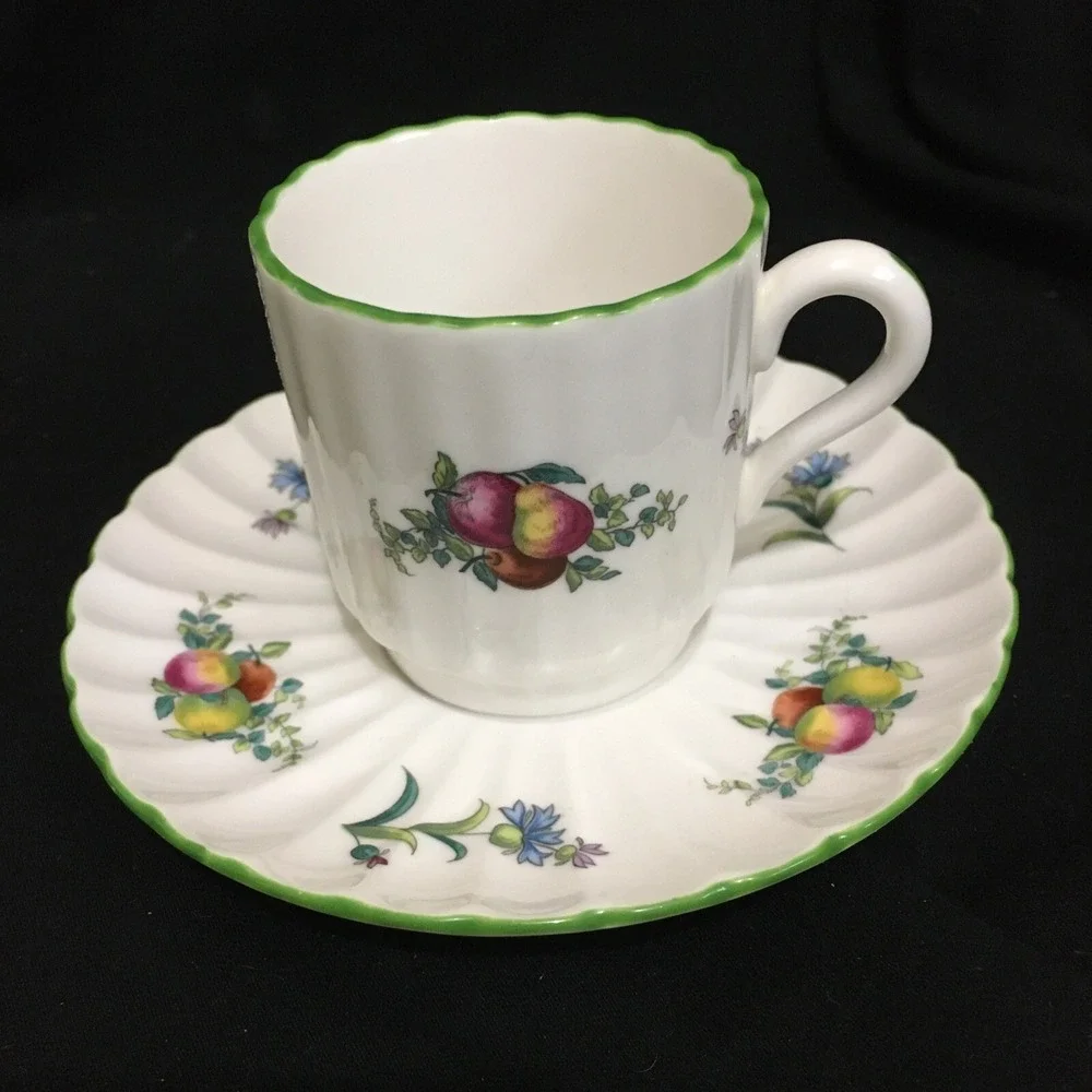 Spode Miniature Cup and Saucer, Fruit Scallop Design with Green Border